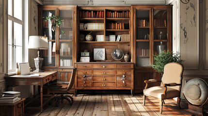 Fototapeta premium Working from home, wallpaper, the comfort of a home office decorated with wood.