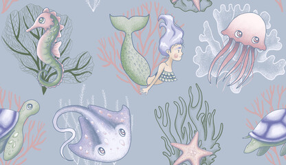 seamless pattern with mermaid and sea animals