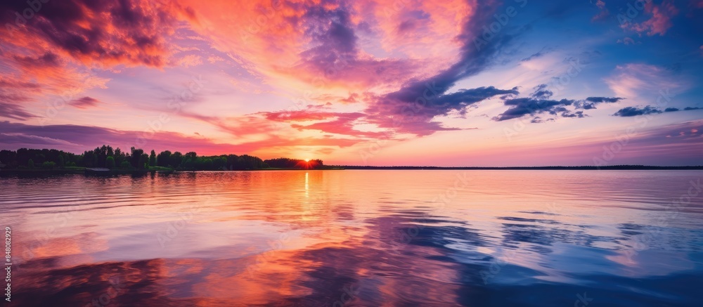 Aufkleber amazing dusk at the lake with dynamic sky in summer. creative banner. copyspace image