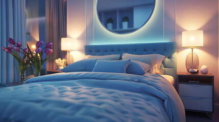 A cozy bedroom with a blue upholstered bed and bedside tables, a large mirror on the wall, soft...