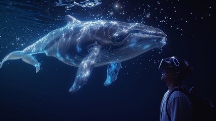 A female is in a virtual fantasy underwater world with a giant glowing whale when wearing VR headset.