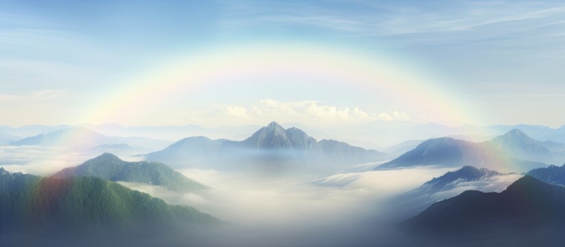 Natural phenomena Fogbow or White rainbow occurs above the mist. Creative banner. Copyspace image