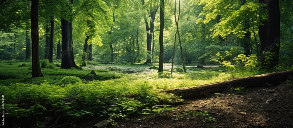 Poster Green grass and trees in a forest. Creative banner. Copyspace image