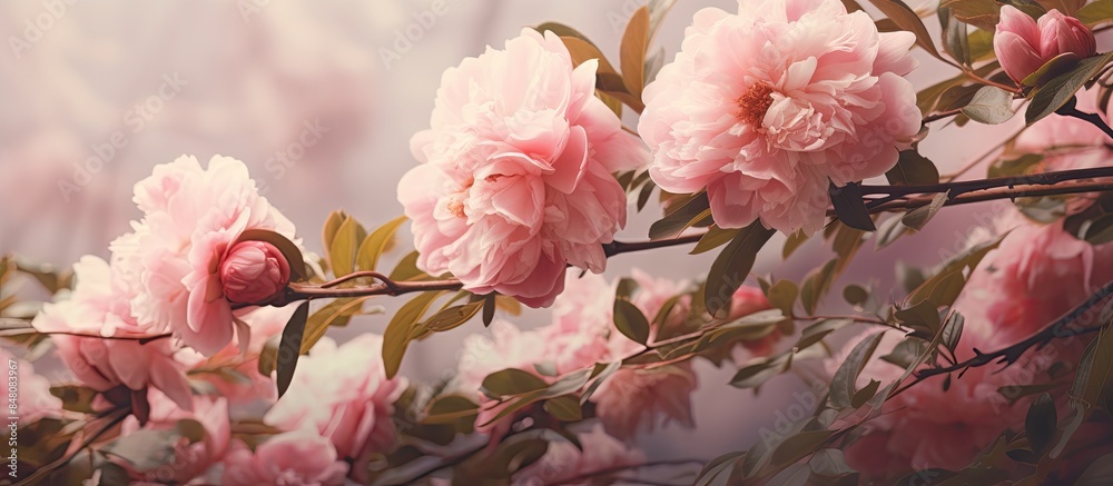 Poster spring sprouted peony branches. creative banner. copyspace image