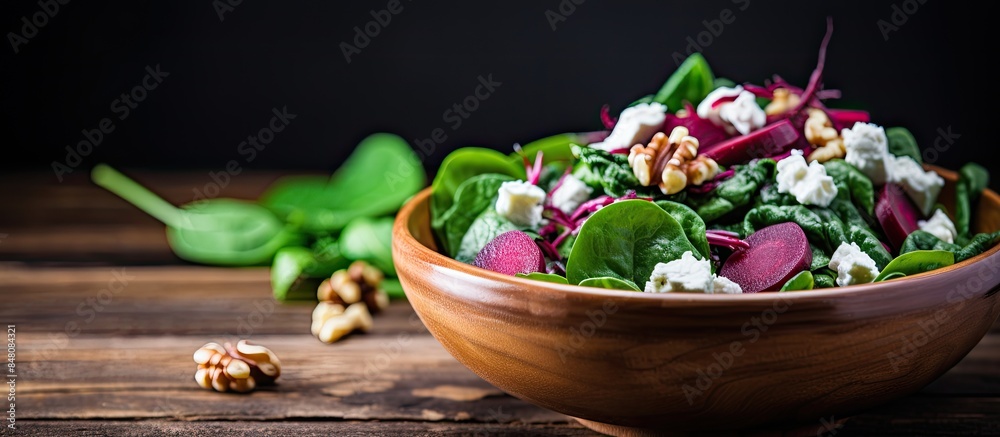 Aufkleber tasty spinach salad with boiled beetroot feta cheese walnut and red onion on wooden table healthy ve