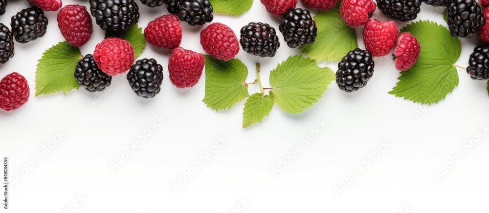 Poster blackberry and raspberry with leaves isolated on white background Top view Flat lay pattern. Creative banner. Copyspace image
