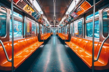 Fototapeta premium Empty Orange Seats in Modern Subway Train