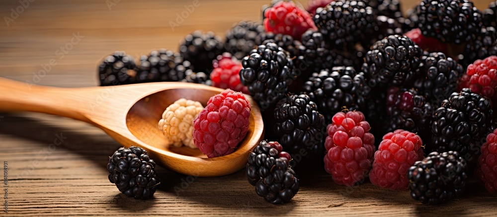 Poster close up group of mulberries is placed on a wooden spoon on a wooden table mulberry this a fruit and