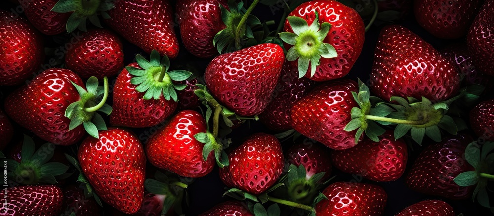 Poster red ripe strawberries background close up top view. creative banner. copyspace image