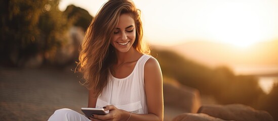Young caucasian woman in a whit t shirt uses a mobile phone sitting on stone at sunset Happy girl writes a message or communicates on the Internet at sunny day Lifestyle concept with copy space