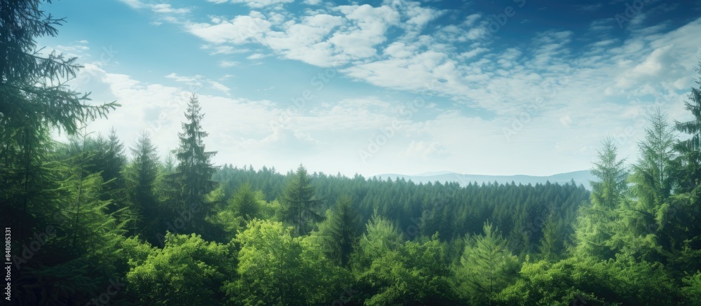 Aufkleber view of the sky to the tops of the trees in the forest. creative banner. copyspace image