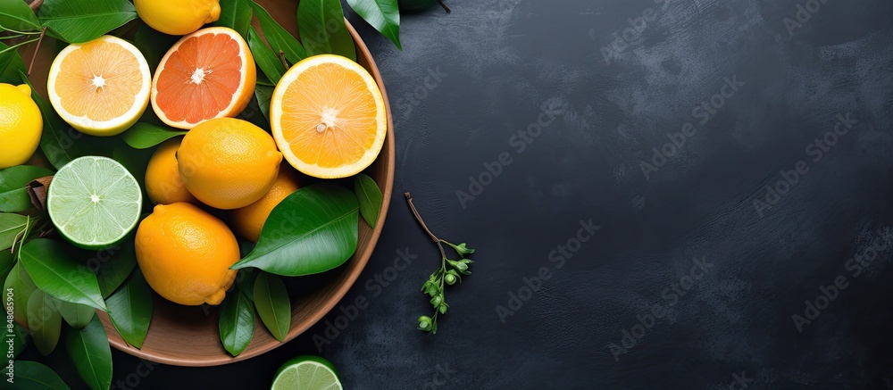 Aufkleber different fresh citrus fruits and leaves in bowl on table top view. creative banner. copyspace image
