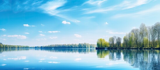 Nature in spring the lake and river trees and sky reflected in the water. Creative banner. Copyspace image