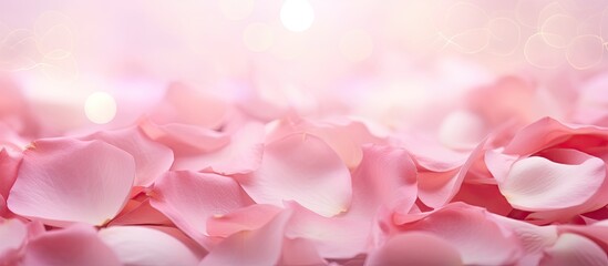 Fototapeta premium Pink rose petals on abstract blur romance background Soft pink roses pastels background valentines wedding. Creative banner. Copyspace image