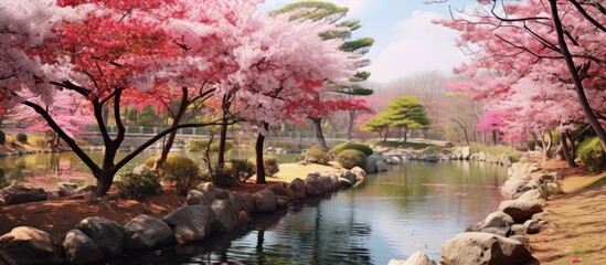 In Jangneung Gimpo spring flowers azaleas and cherry blossoms show beautiful scenery. Creative banner. Copyspace image