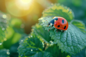 Fototapeta premium Ladybug on Leaf with Morning Sunlight