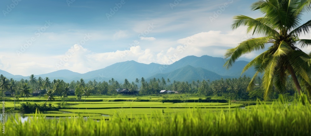 Wall mural Green tropical palm trees with lush foliage growing near rice fields. Creative banner. Copyspace image - Wall murals