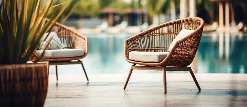 The seat lounger brown rattan chairs beside swimming pool with background is blurred of modern condominium or hotel or resort in summer day relax day. Creative banner. Copyspace image