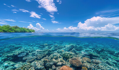 Super realistic professional photo of the calm clean blue surface of the sea, with a beautiful and colorful coral reef.