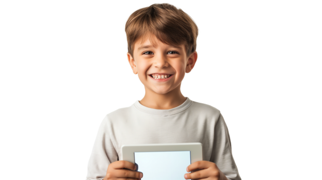 Joyful boy with tablet computer in front of him, showcasing his happiness on a white background.
