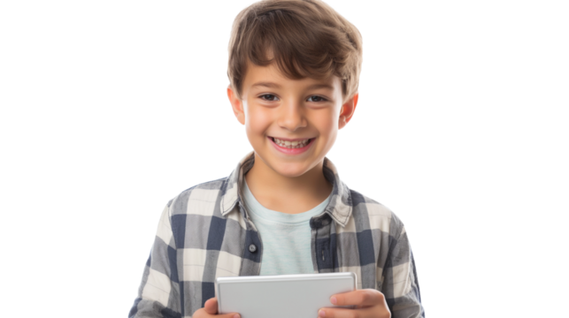 Smiling boy with tablet computer in hand, exuding joy against a white backdrop.