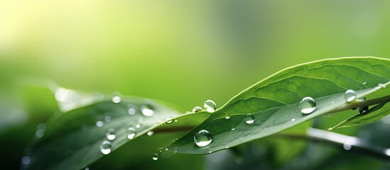 Naklejka premium Fresh Green Leaf with Water Drops Blurry Background. Creative banner. Copyspace image