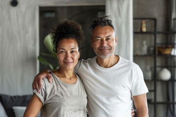 Fototapeta premium Portrait of a tender mixed race couple in their 50s dressed in a casual t-shirt on crisp minimalistic living room