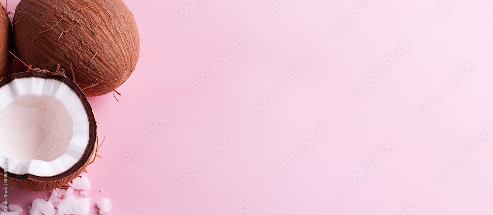 Poster fresh coconut shell on pink background summer concept. creative banner. copyspace image