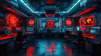 Digital control room concept with red dangerous warning computer screens. AI generated image