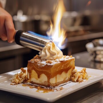 A chef using a culinary torch to caramelize the top of a dessert, adding a golden finish. 