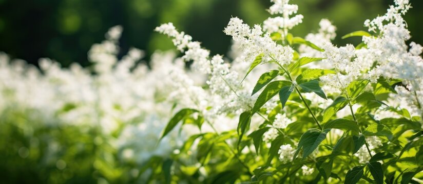 Common goatweed Aegopodium podagraria is an herbaceous umbrella plant used as food in salads View of a clearing with white flowers of a perennial flowering weed on a summer day. Creative banner