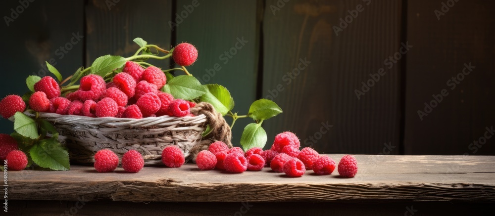 Poster fresh juicy raspberries in a wooden table summer still life with raspberries a place to copy