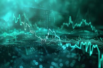 The turquoise crashing market volatility of crypto trading with technical graph and indicator, turquoise candlesticks going down without resistance, market fear and downtrend. 