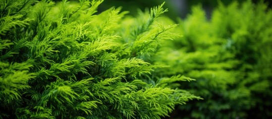 Fototapeta premium lovely green thuja in the garden. Creative banner. Copyspace image