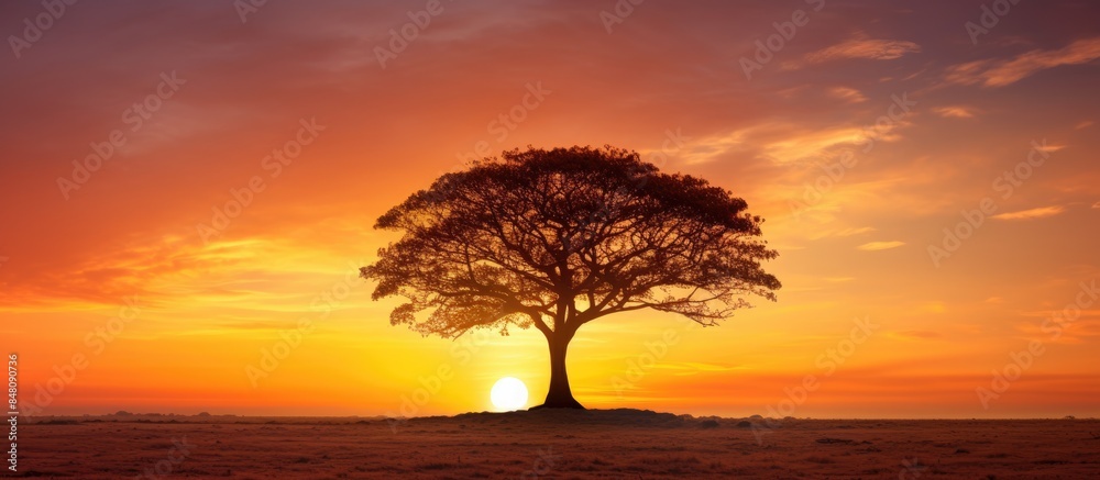Aufkleber grassland and tree at sunset. creative banner. copyspace image