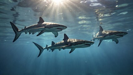 Obraz premium Sharks swimming underwater