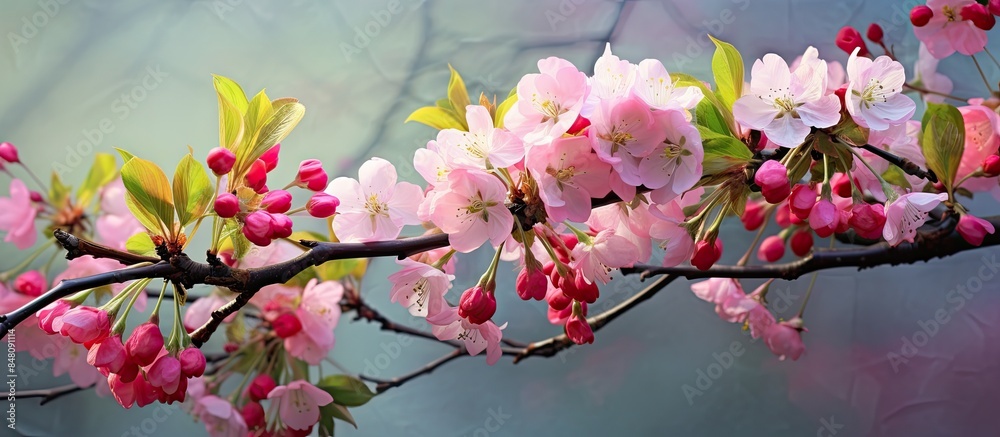 Aufkleber crab apple tree blooming in spring. creative banner. copyspace image