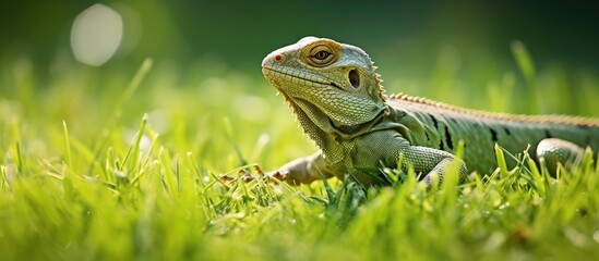 Obraz premium lizard shedding its skin and feeding on a green lawn. Creative banner. Copyspace image