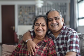 Obraz premium Portrait of a satisfied indian couple in their 50s wearing a comfy flannel shirt while standing against crisp minimalistic living room