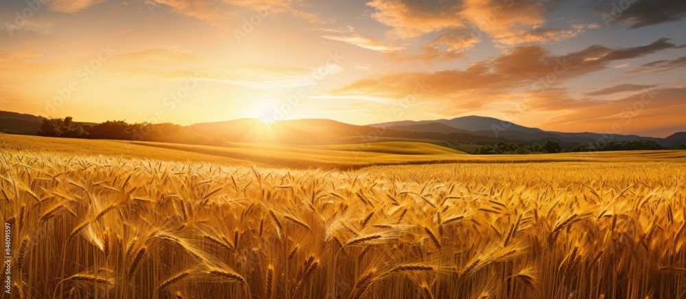 Poster field of soybeans and wheat before sunset. creative banner. copyspace image