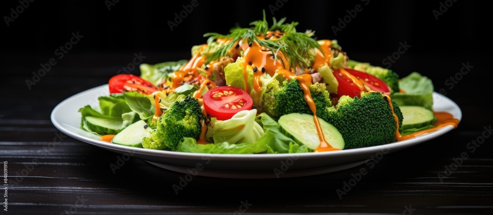Poster diet and vegetarian salad of mixed vegetables and lettuce with peanut sauce served in a white plate 