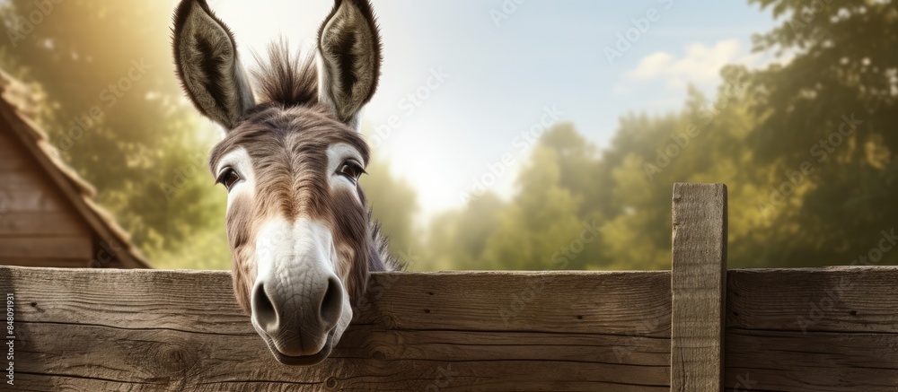 Poster funny donkey heads on a wooden fence forest in the background selective focus. creative banner. copy