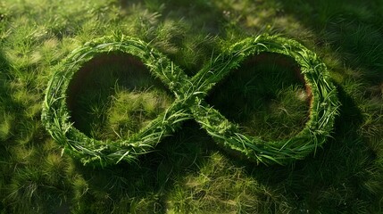 Lush green infinity symbol crafted from grass, representing endless growth and sustainable practices in the manufacturing industry