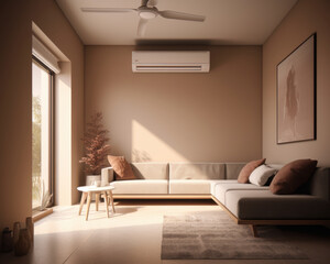 Professional 3D generated indoor heat pump, in a minimalist interior with neutral colors.