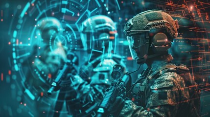 Military group modern technology cyber digital interface. AI generated image