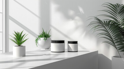 Minimalist white decor featuring green plants, creating a serene and modern interior with natural elements and clean design.