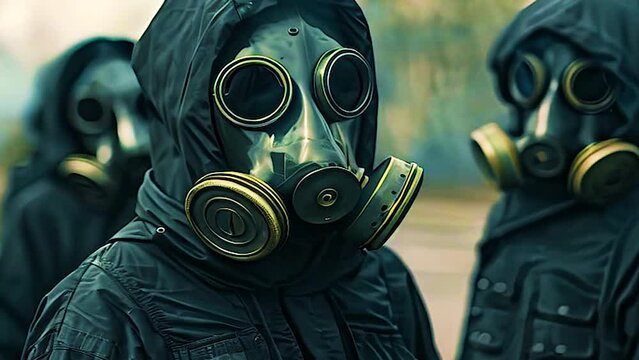 A group of people in gas masks. Selective focus. Nature.