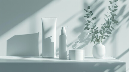 White skincare products arranged with eucalyptus leaves, emphasizing a clean, natural beauty routine and minimalist design.