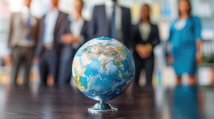 Corporate businesspeople standing around world globe, blurred background