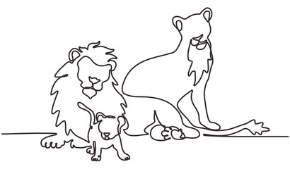 Lion and mother sitting with little lion cub. Draw one continuous line